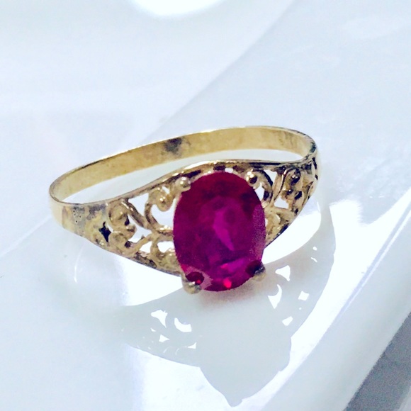 Ruby Solitaire Open Scroll Ring in 10K Gold - Picture 1 of 10
